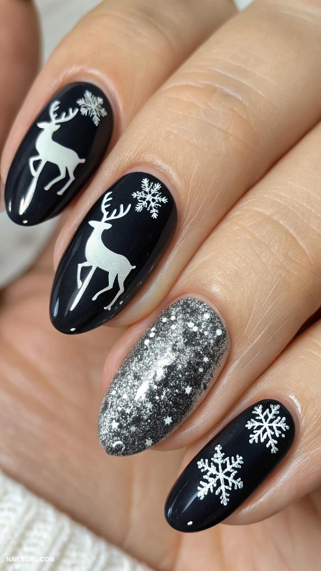 black christmas nails Black nail art with white reindeer silhouettes