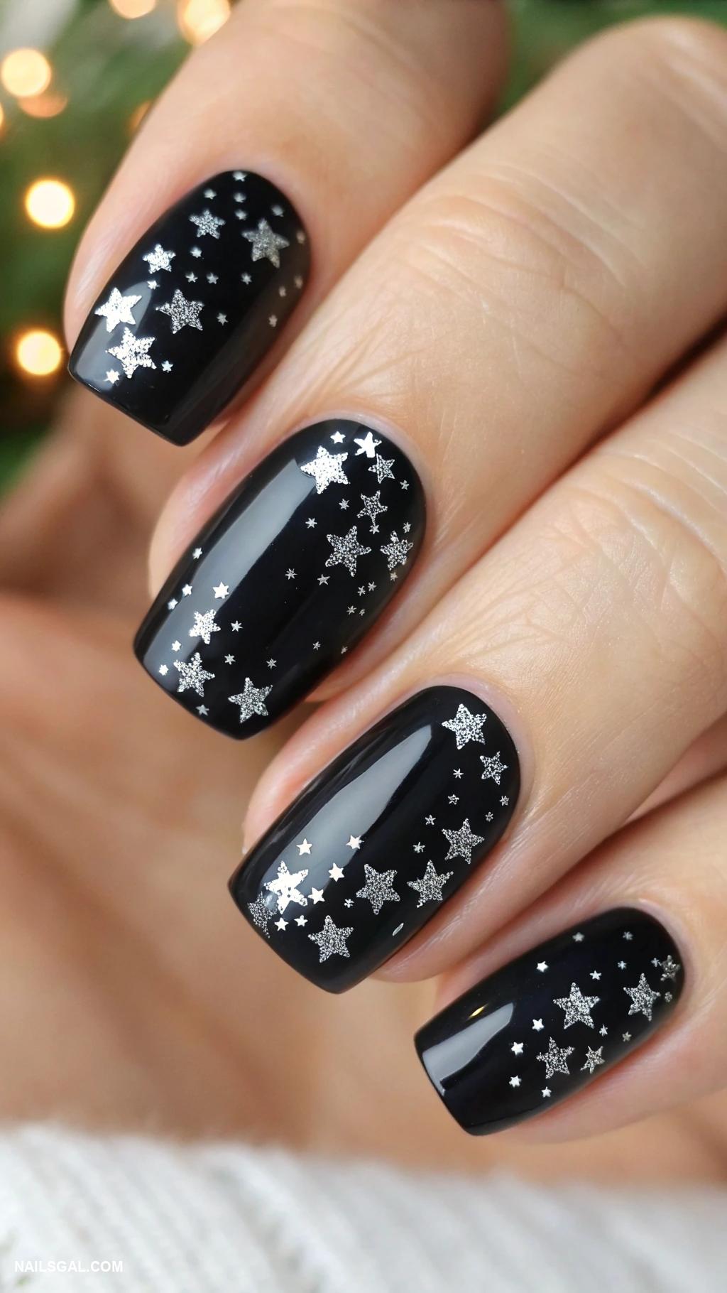 black christmas nails Black nails with tiny silver stars
