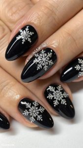 black christmas nails Glossy black with silver snowflakes