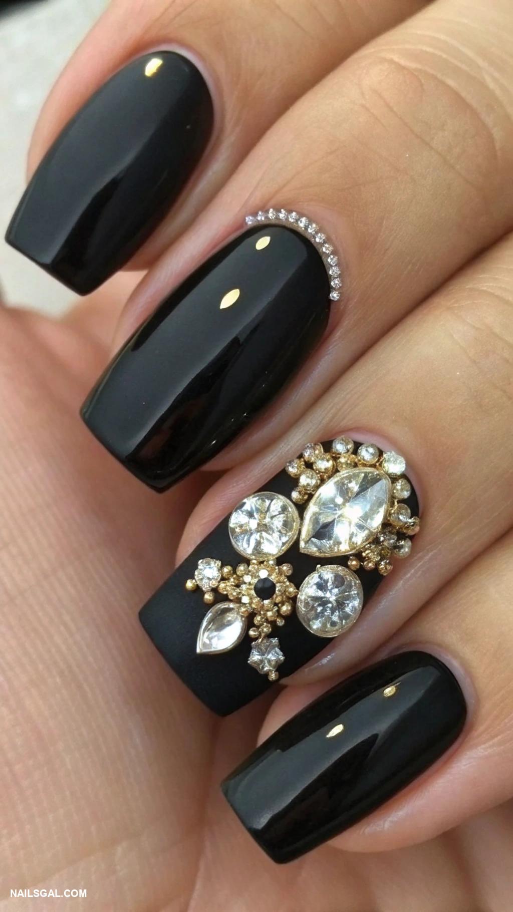 black christmas nails Solid black with a jeweled accent nail