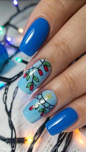 blue christmas nails Electric blue with holiday light designs