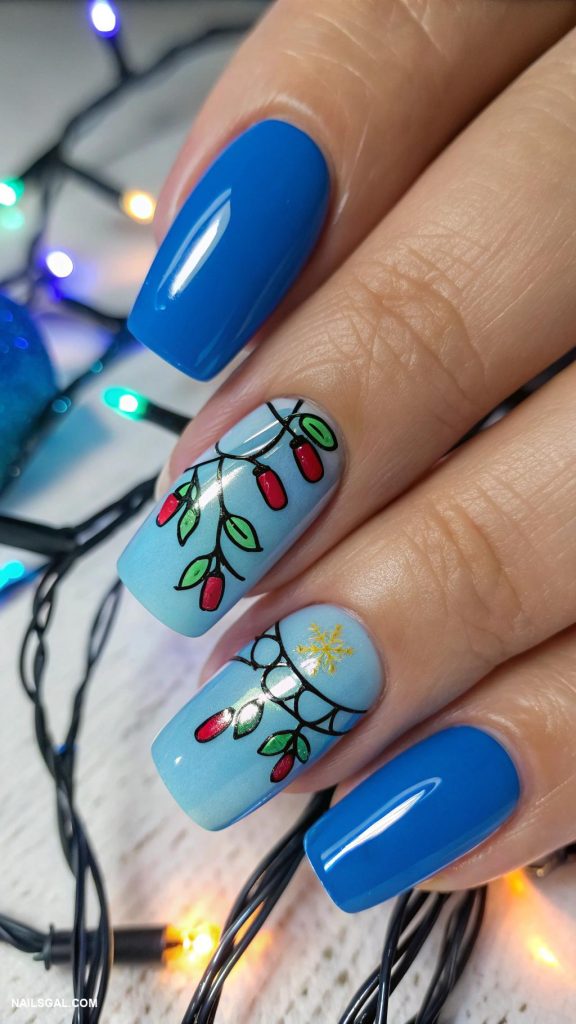 blue christmas nails Electric blue with holiday light designs