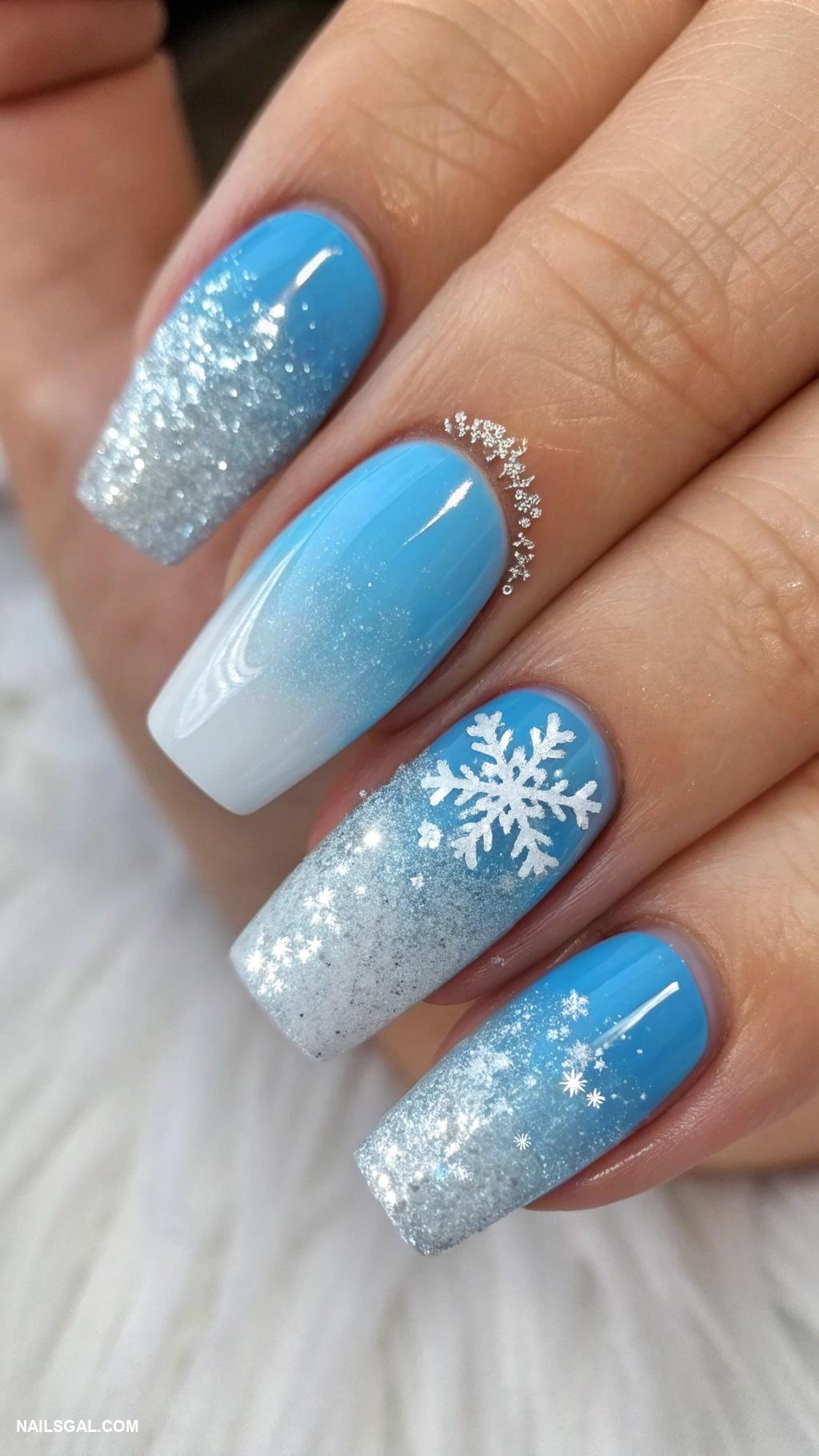 blue christmas nails Frosty blue ombre with silver glitter tips