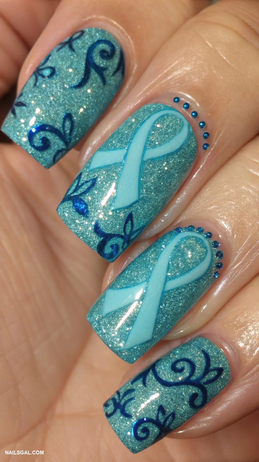 blue christmas nails Glittery teal with blue ribbon designs
