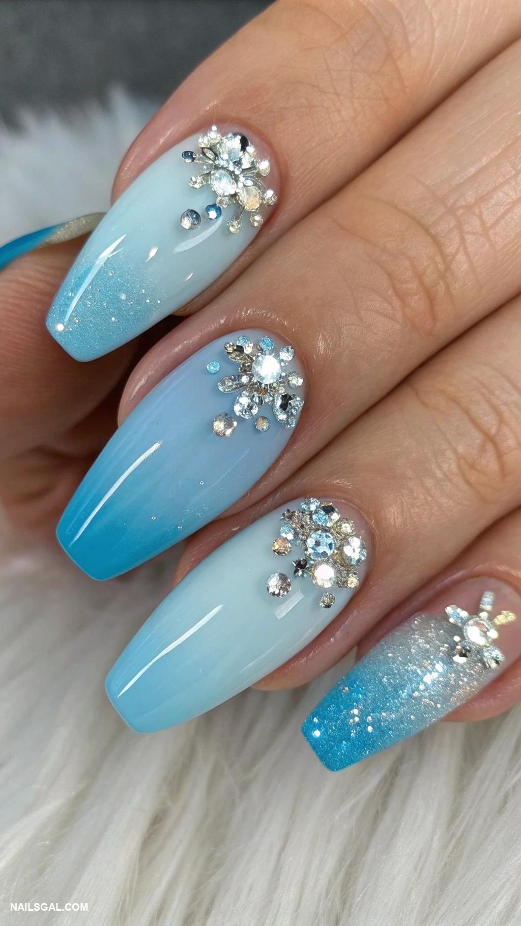 blue christmas nails Icy blue with crystal embellishments