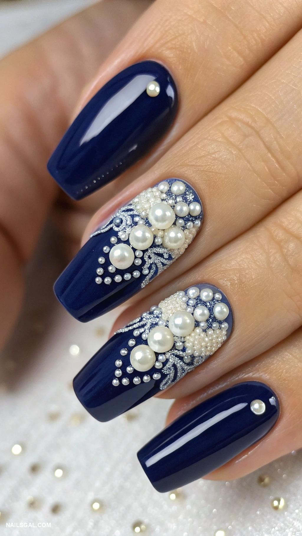blue christmas nails Navy blue with pearl dot art