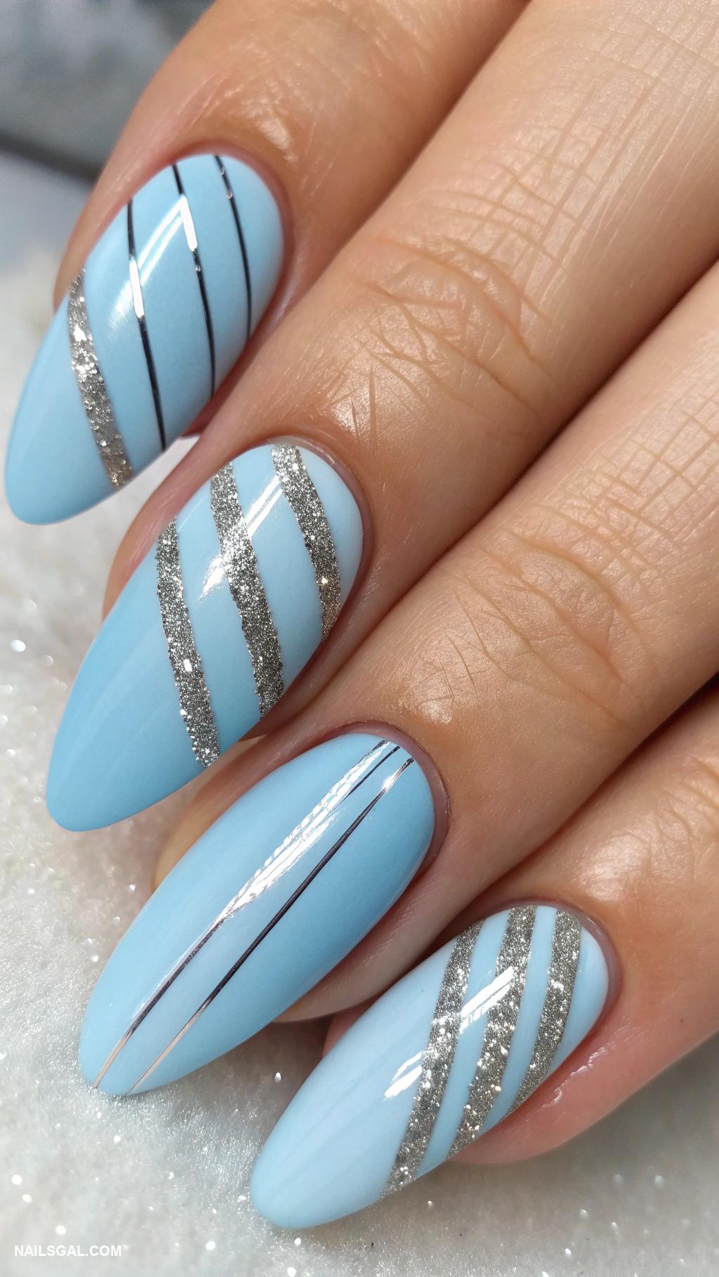 blue christmas nails Sky blue with silver stripe patterns