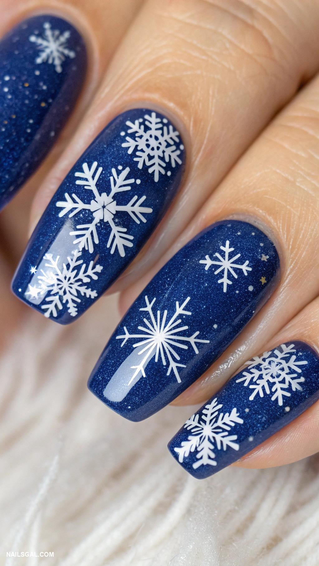 blue christmas nails Starry night blue with white snowflakes