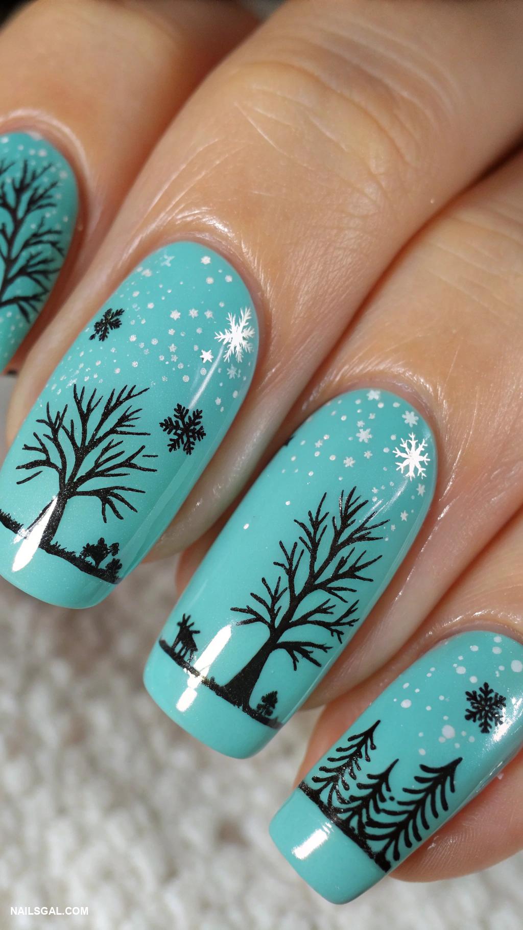 blue christmas nails Turquoise with winter tree silhouettes