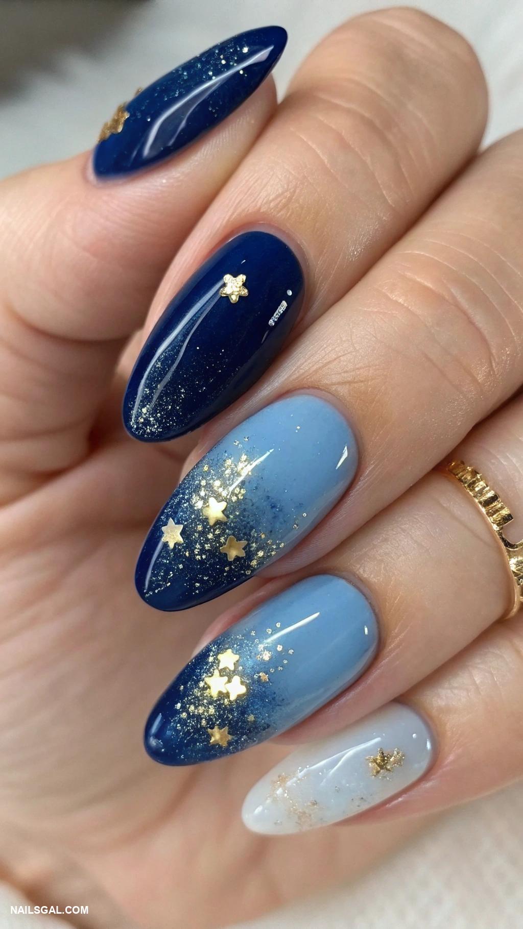 blue ombre nails Navy blue ombre with gold foil