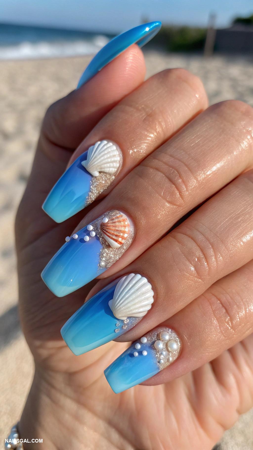 blue ombre nails Ocean blue ombre with seashell embellishments