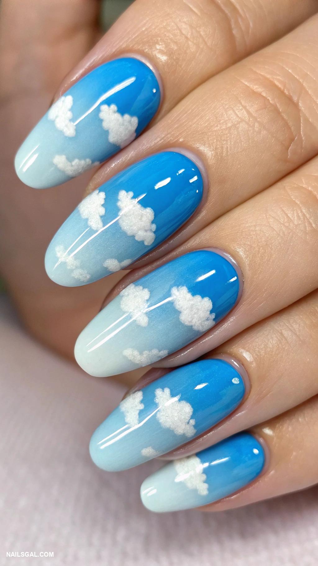 blue ombre nails Sky blue ombre with white cloud details