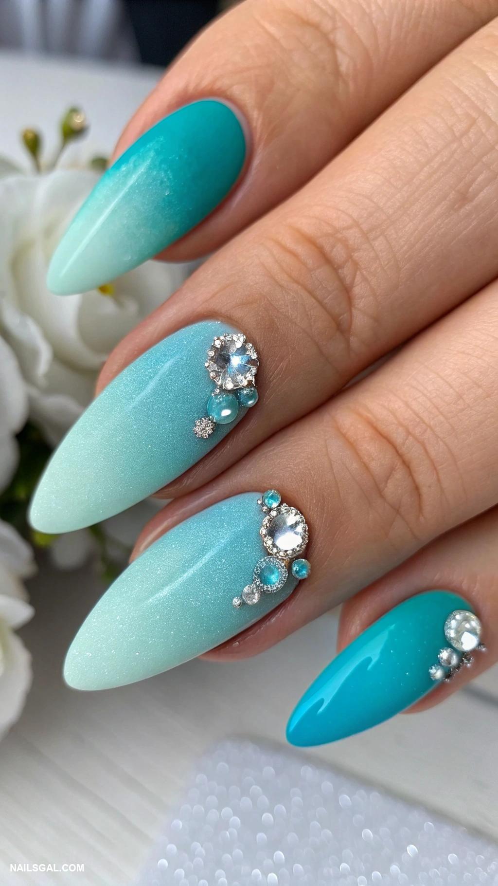 blue ombre nails Teal to powder blue with crystal decals