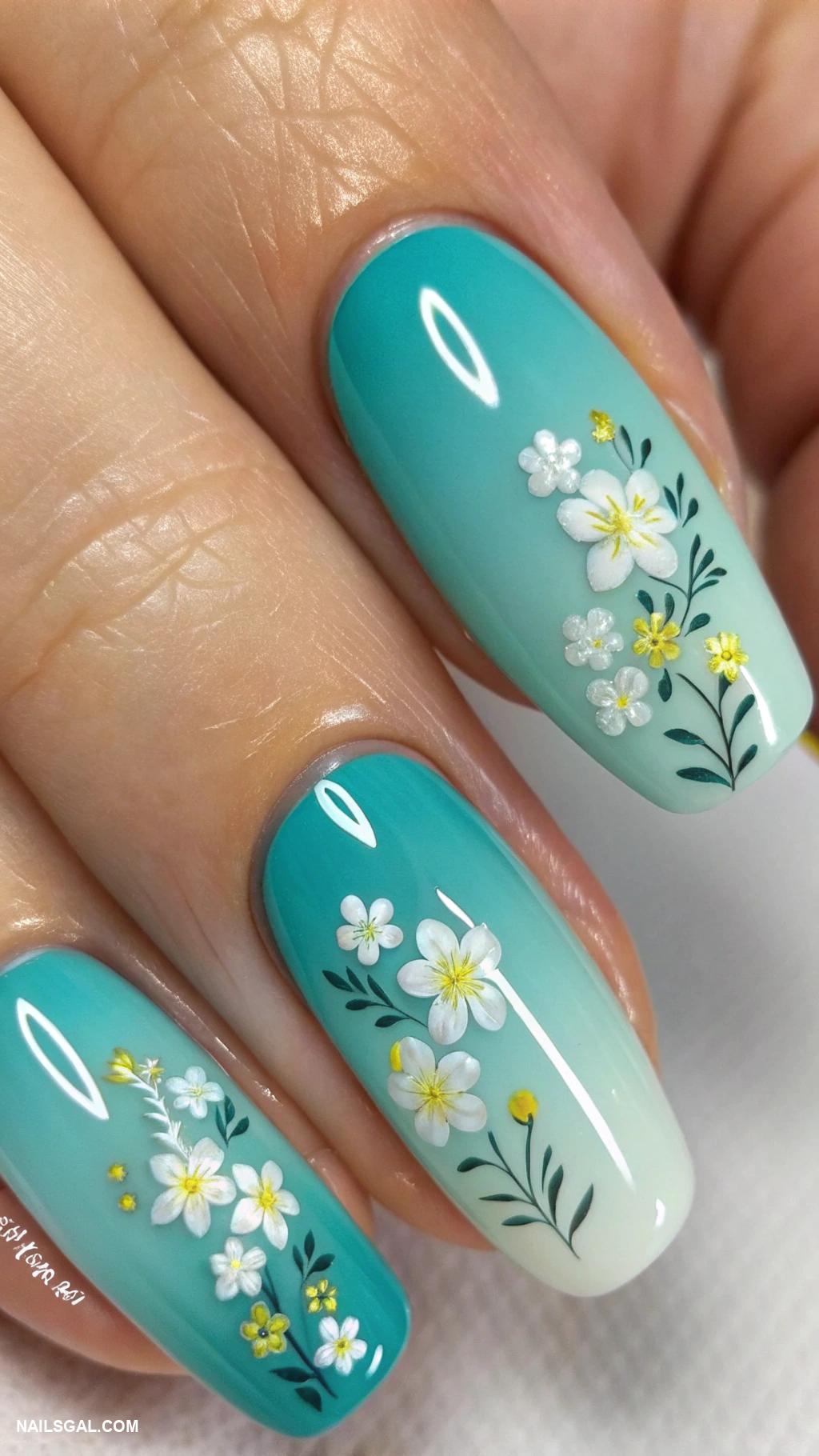 blue ombre nails Turquoise ombre with delicate floral designs