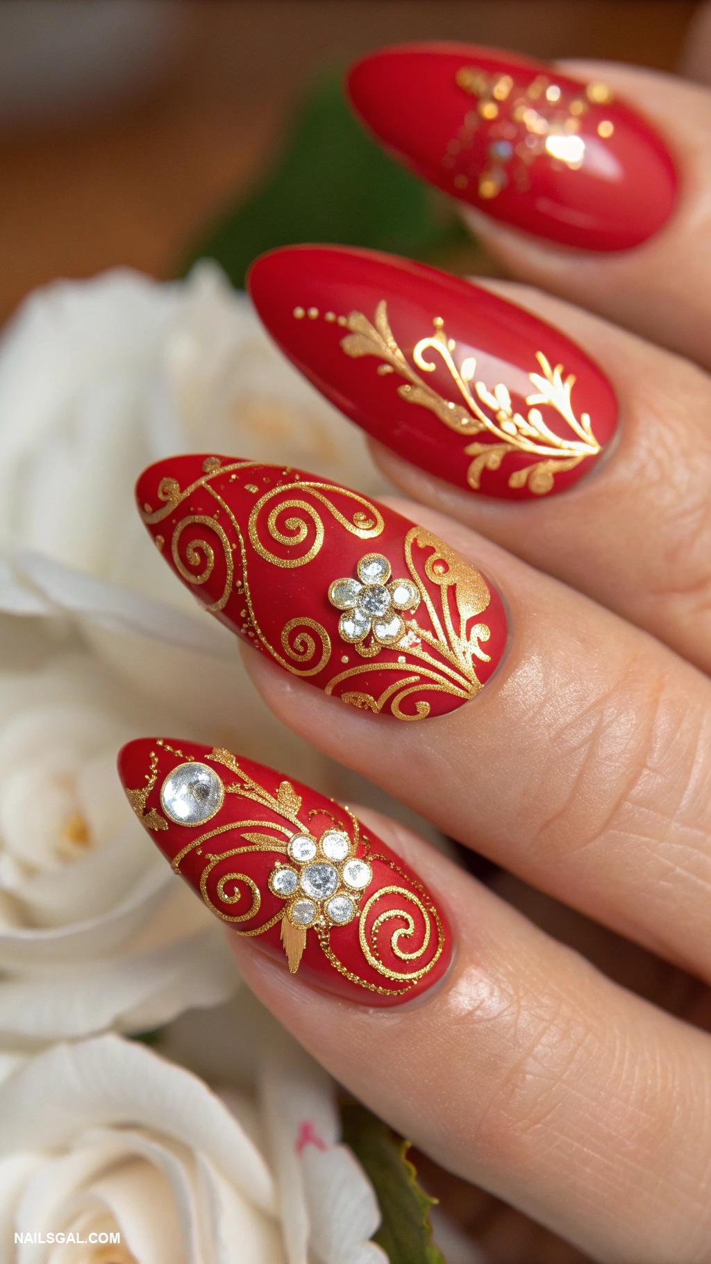 bride nails Bold red with intricate gold designs