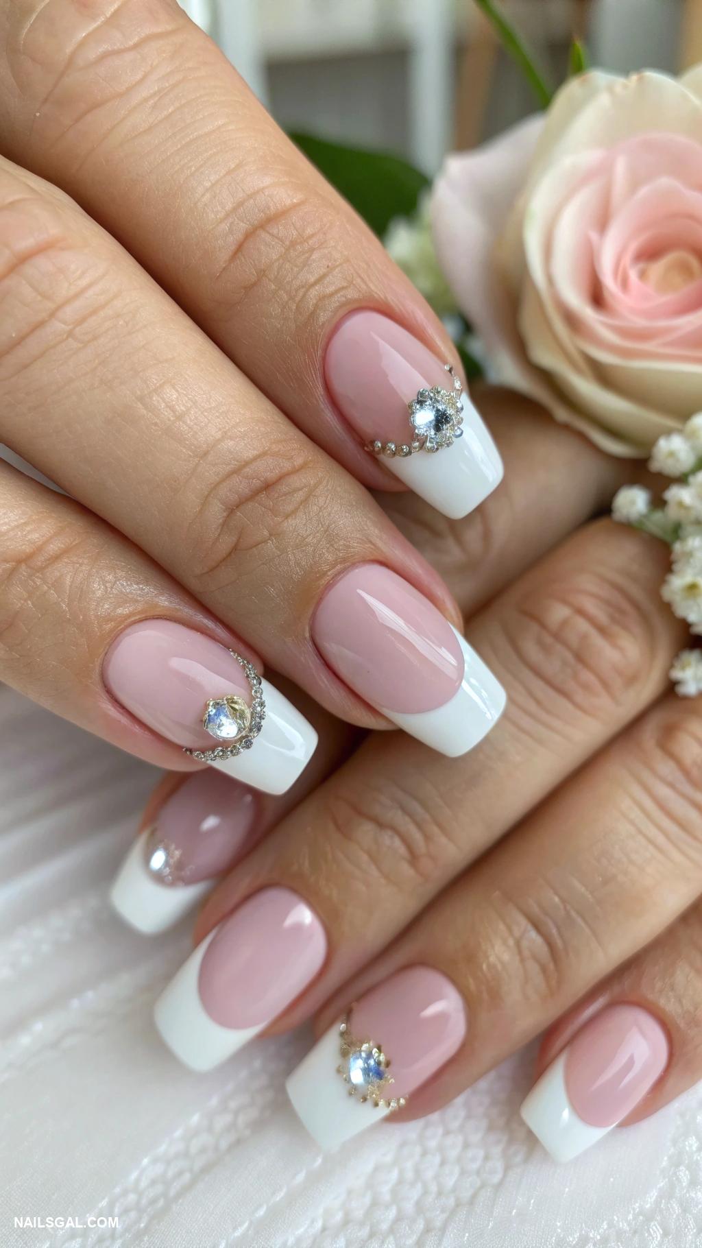 bride nails Classic French tips with sparkly accents