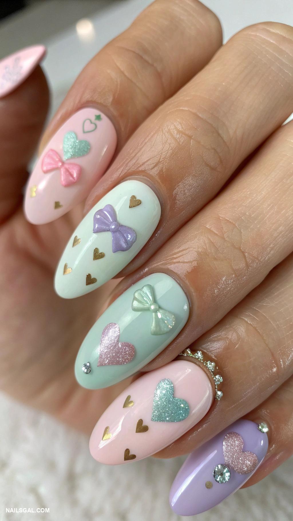 bride nails Whimsical hearts and bows in soft colors