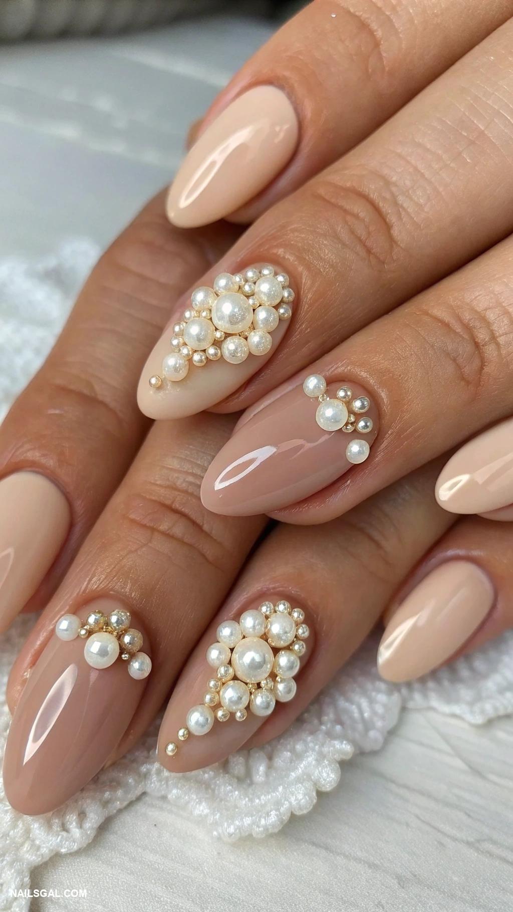 bridesmaid nails Nude base with pearl details