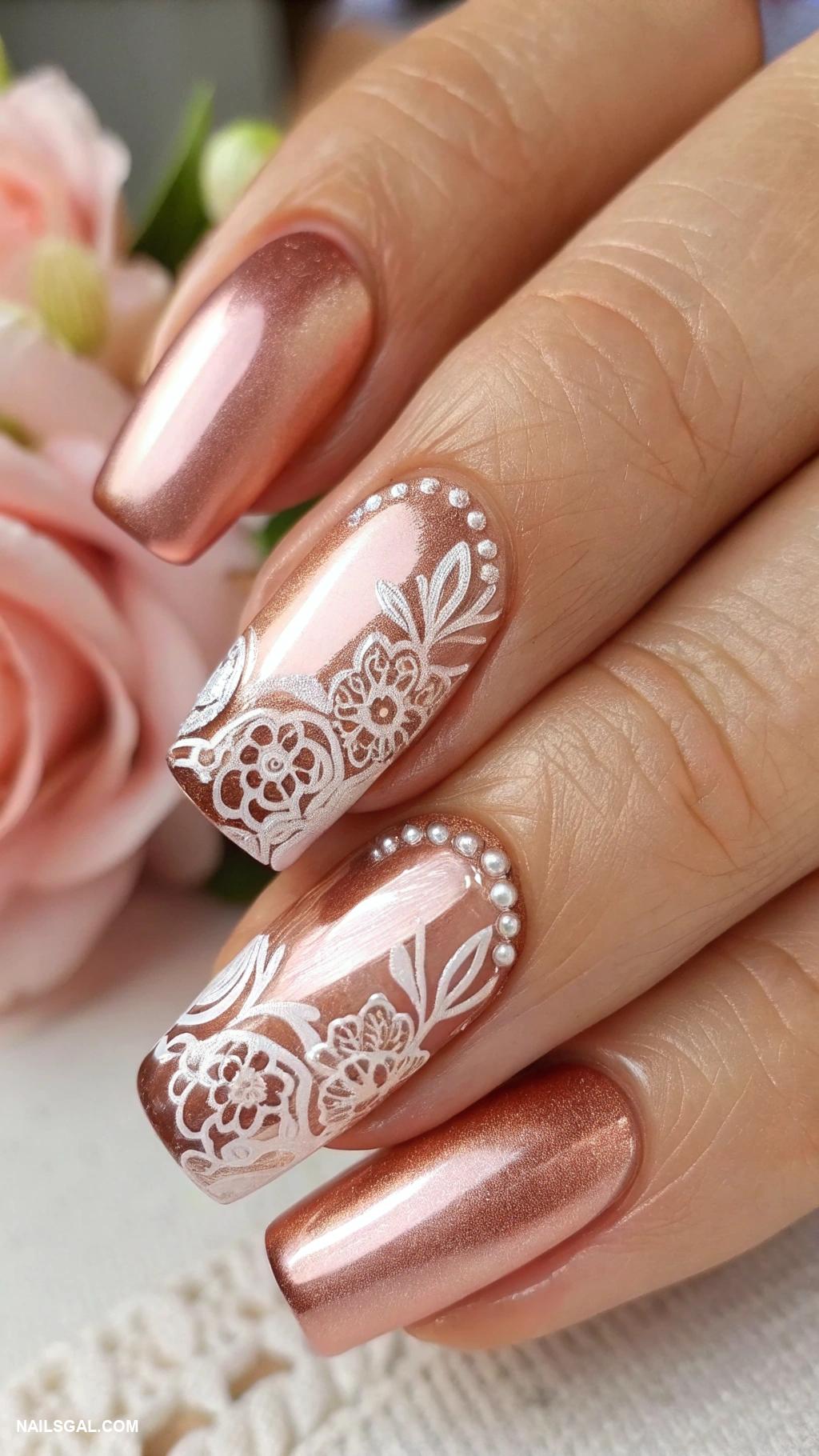 bridesmaid nails Rose gold metallic with lace tips