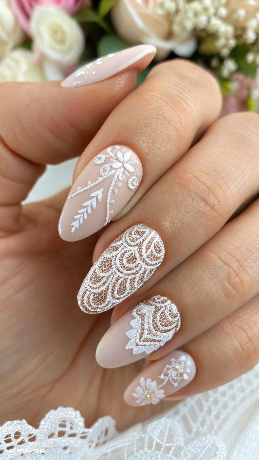 bridesmaid nails Vintage lace patterns in white