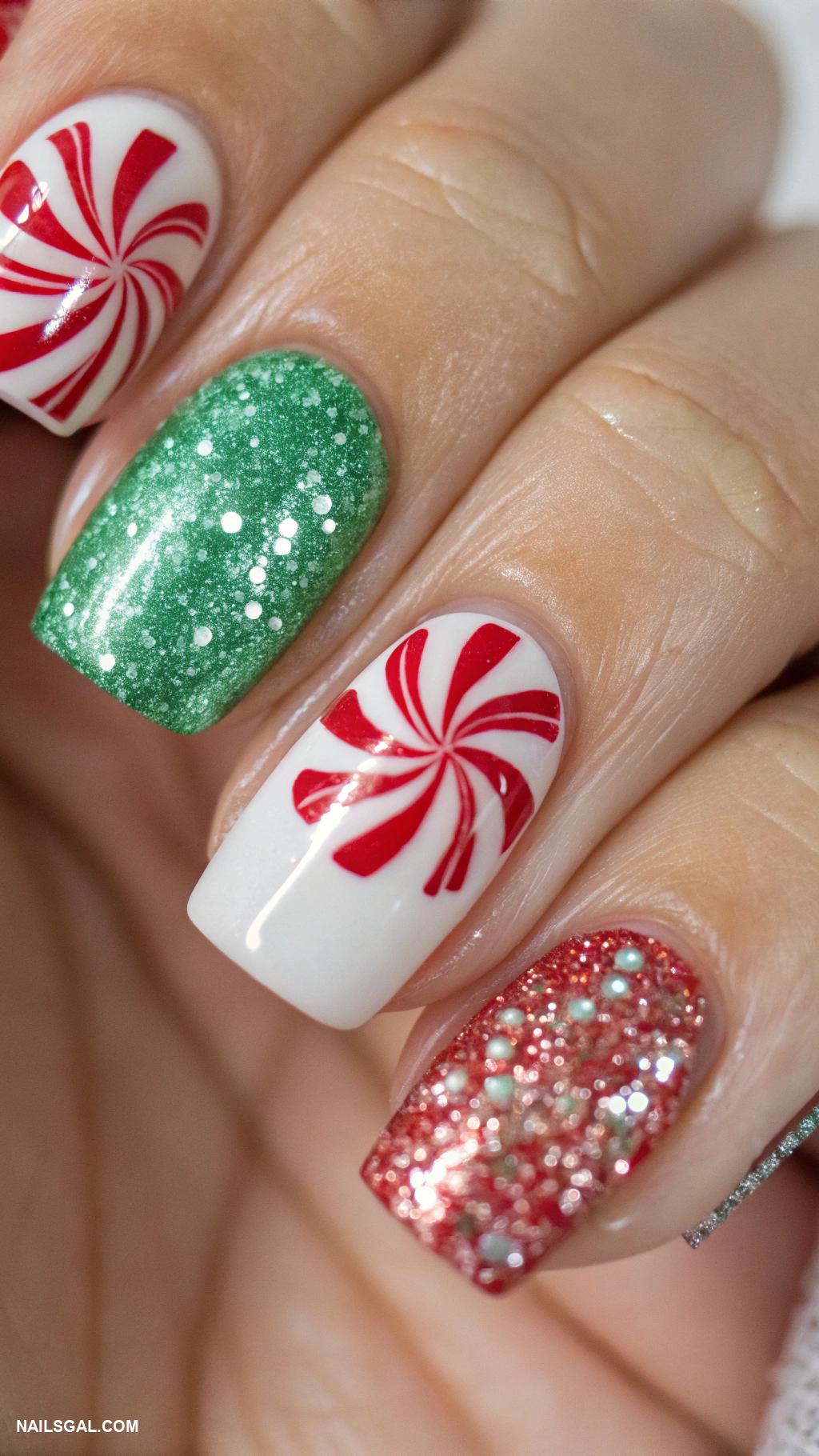 candy cane nails Glittery peppermint swirls