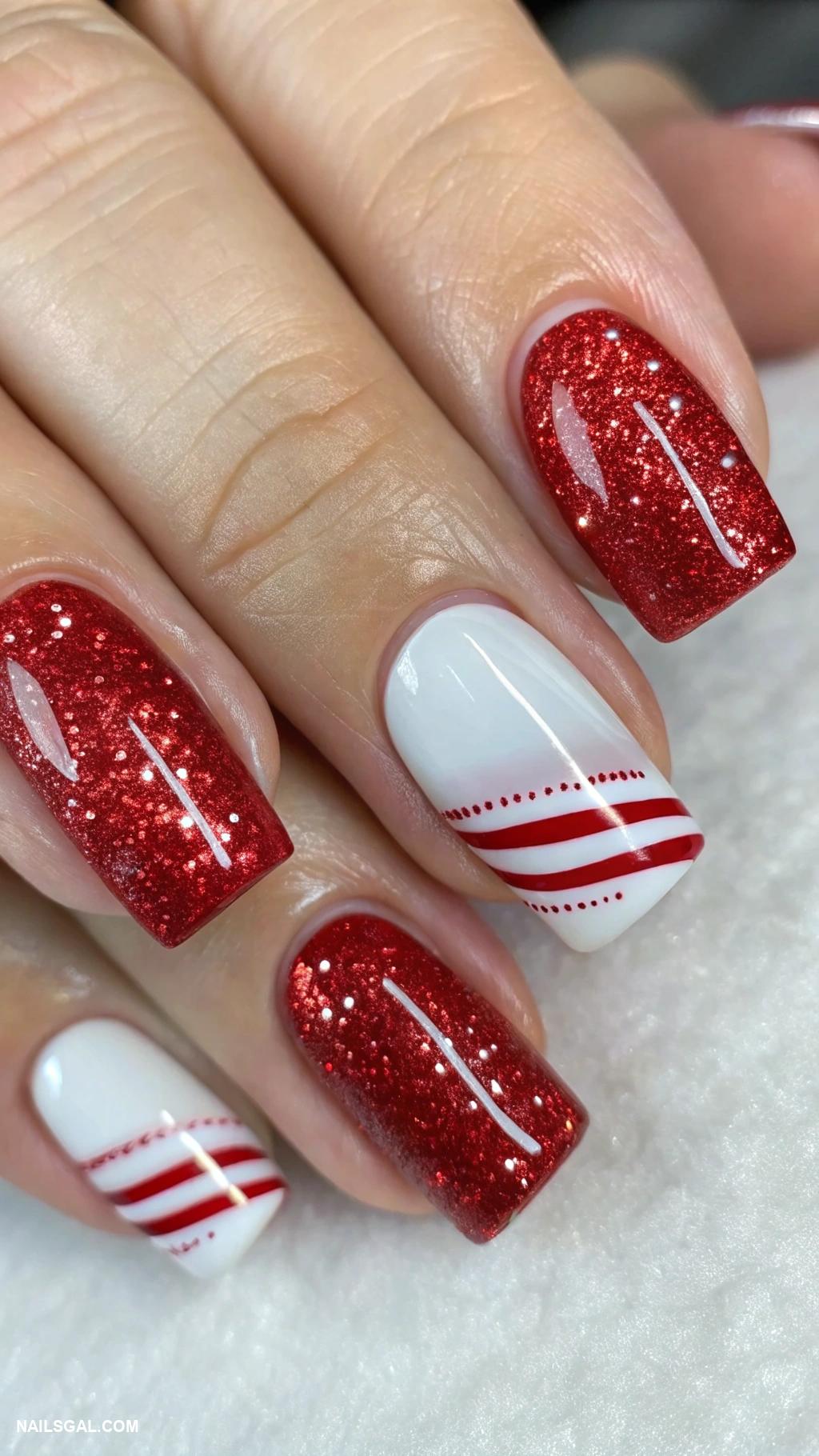 candy cane nails Sparkly red tips