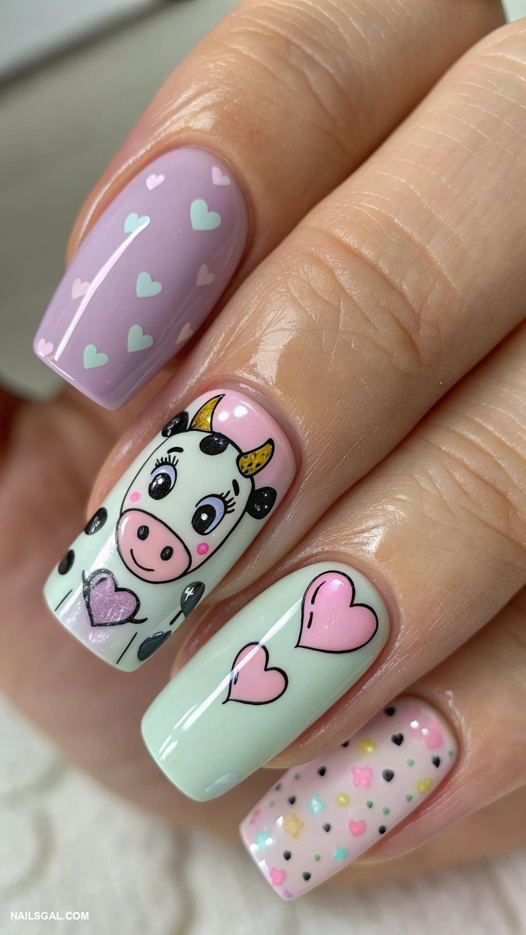 cow nail art Cartoon cow with heart details