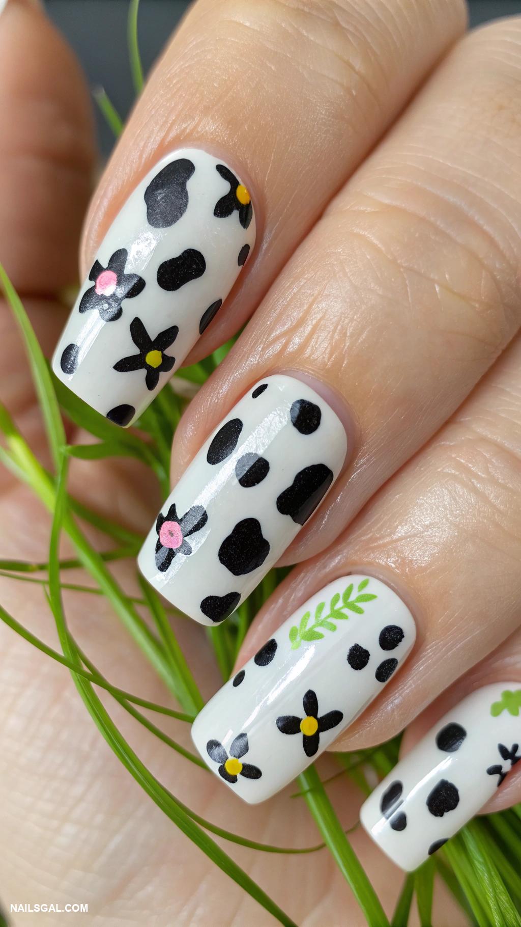 cow nail art Cow spots with green grass accents