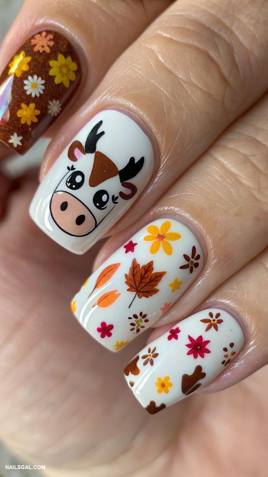 cow nail art Seasonal cow design with flower accents