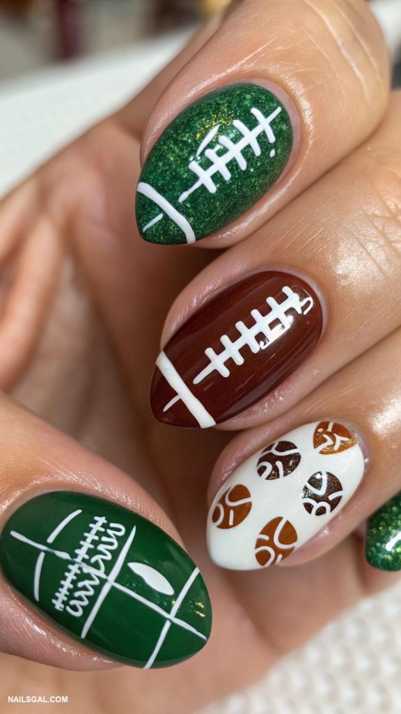game day nails Mini footballs on each nail