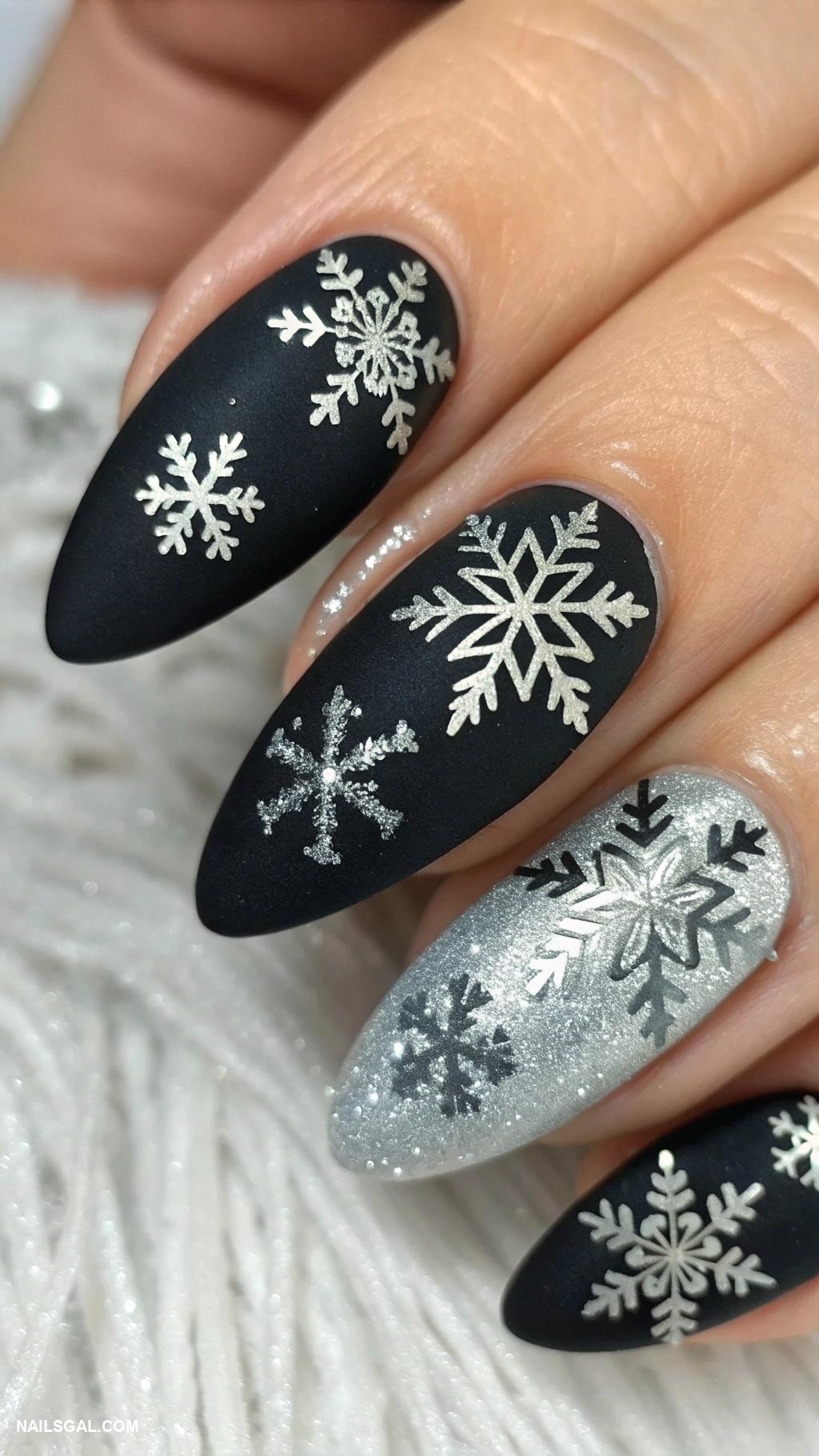 goth christmas nails Black and silver snowflake patterns