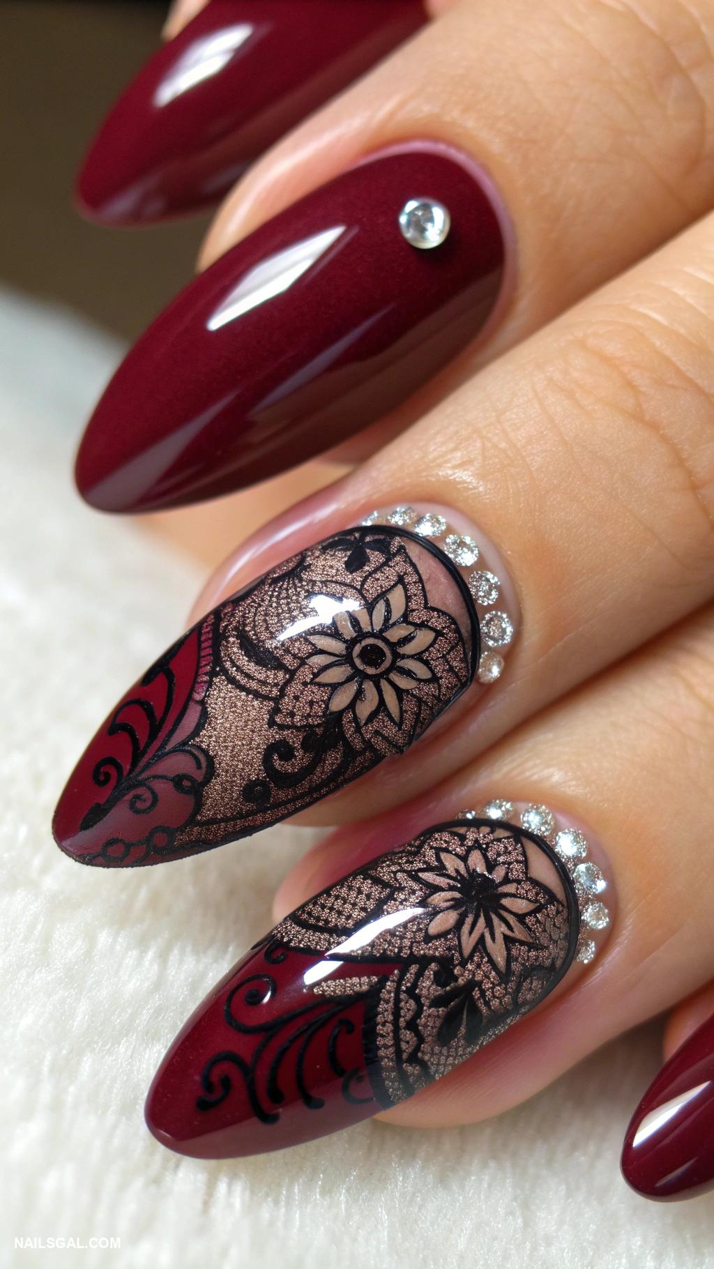 goth christmas nails Burgundy nails with lace design