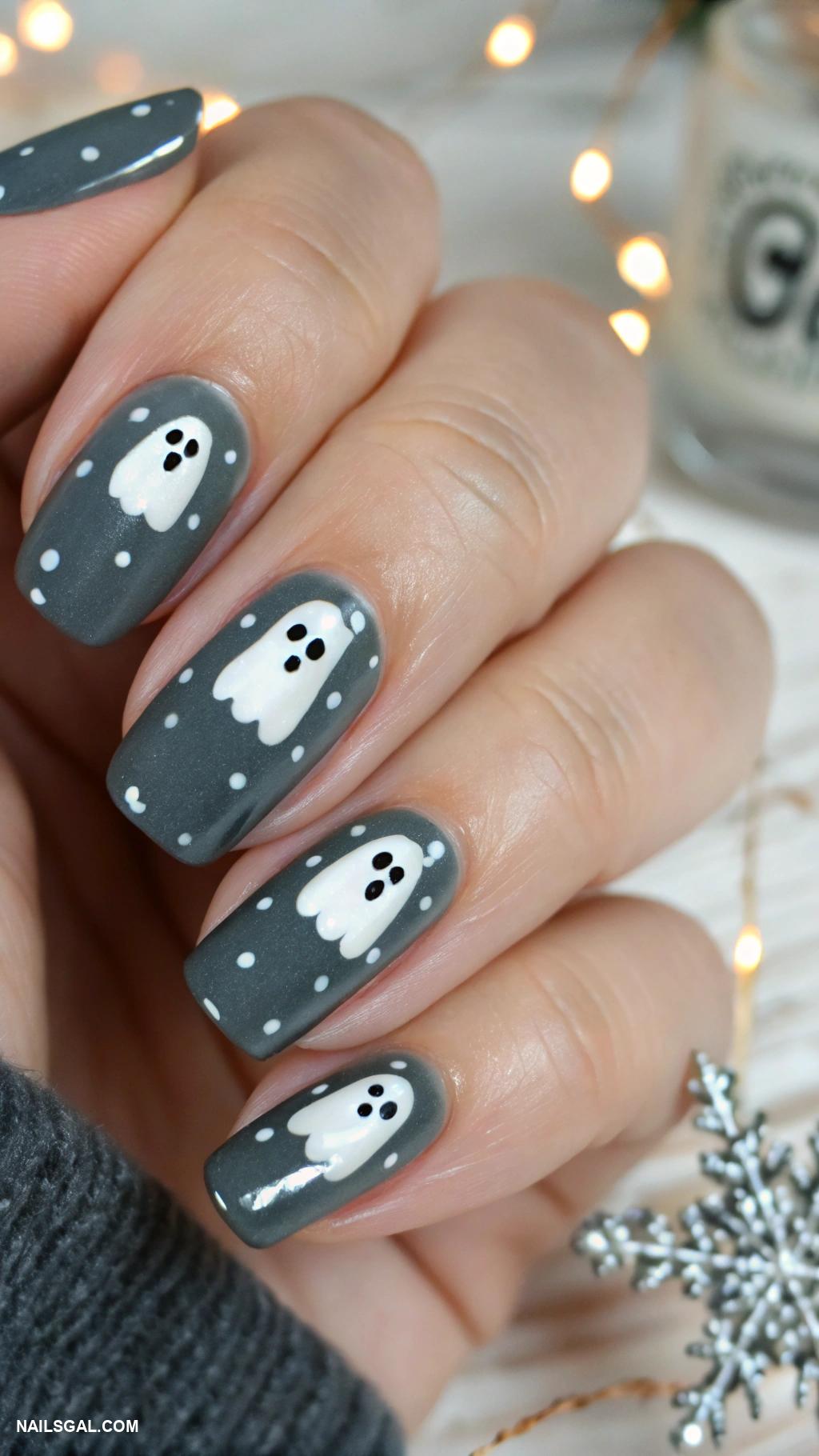 goth christmas nails Charcoal grey with tiny white ghosts