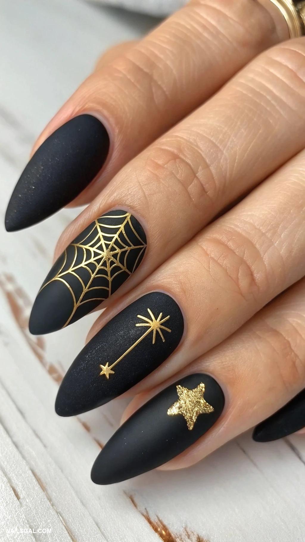 goth christmas nails Classic black with matte gold accents