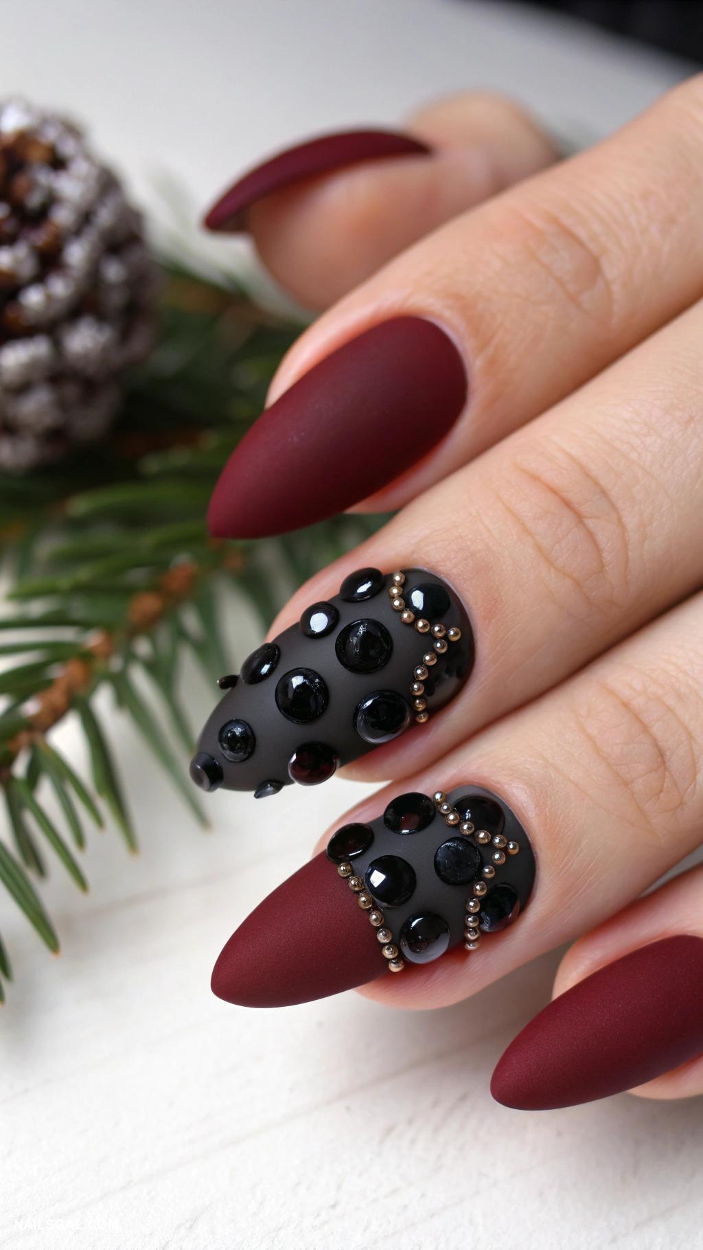 goth christmas nails Dark red matte with black studs