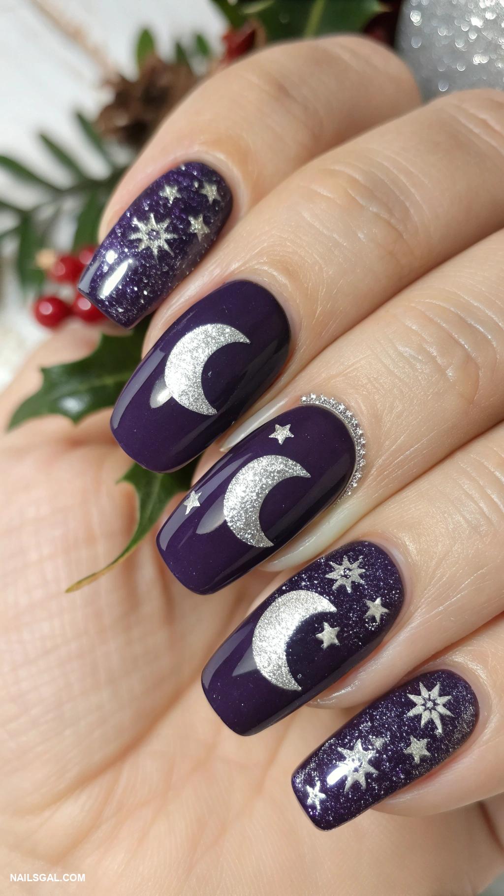 goth christmas nails Deep purple with silver crescent moons
