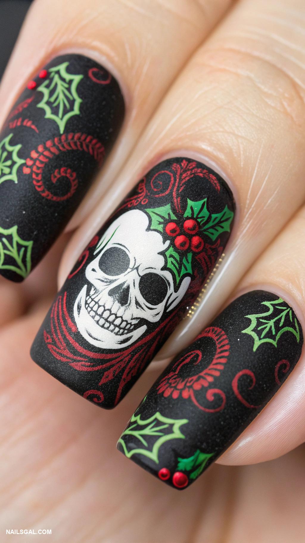 goth christmas nails Gothic skull with festive holly