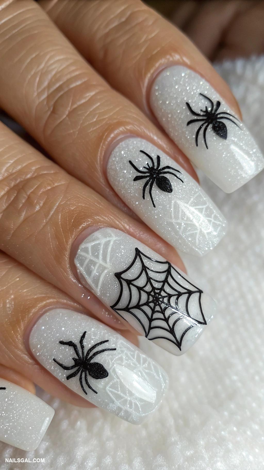 goth christmas nails Spooky spiders on icy white base