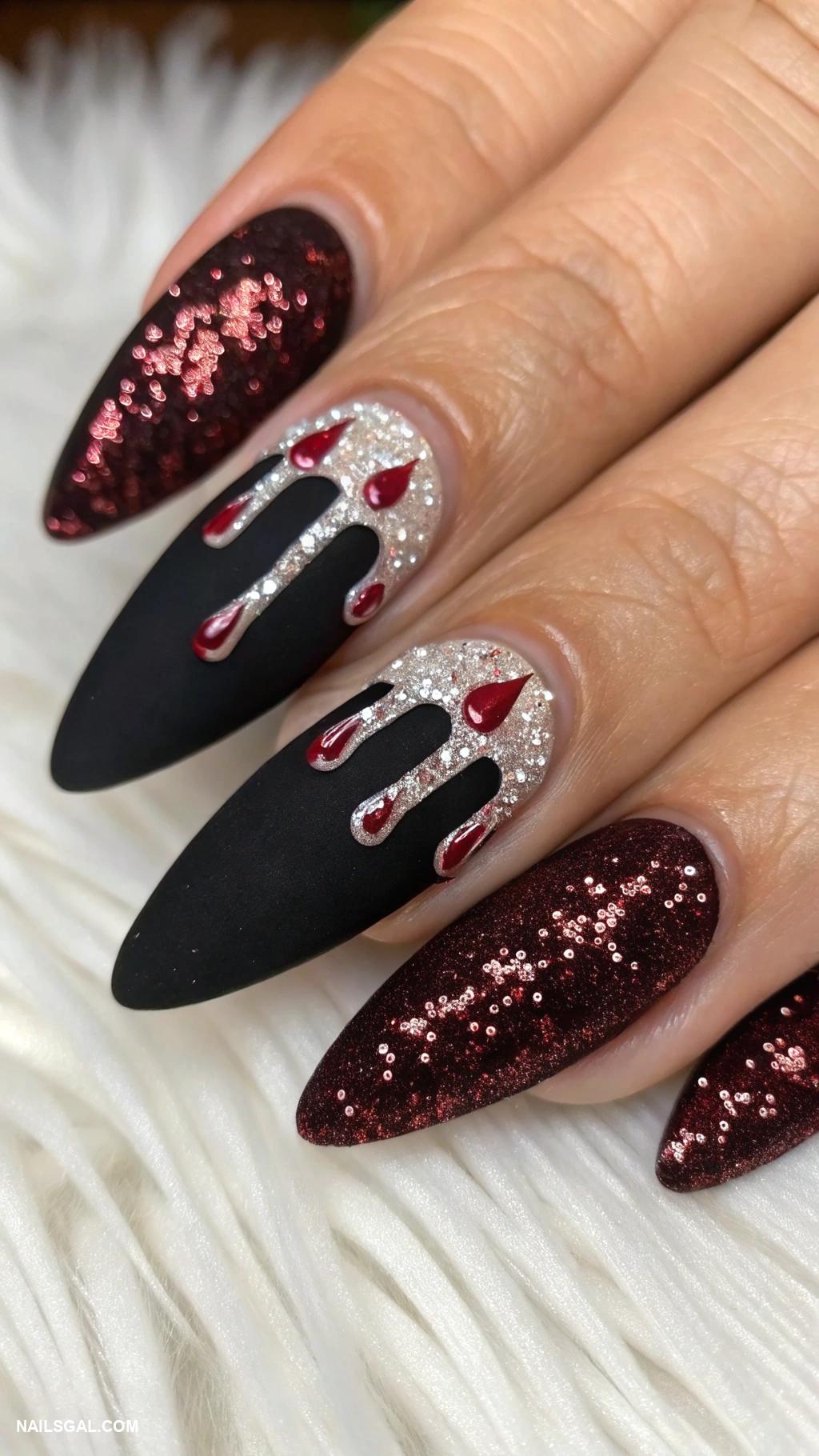 goth christmas nails Velvet black with glittery blood drips