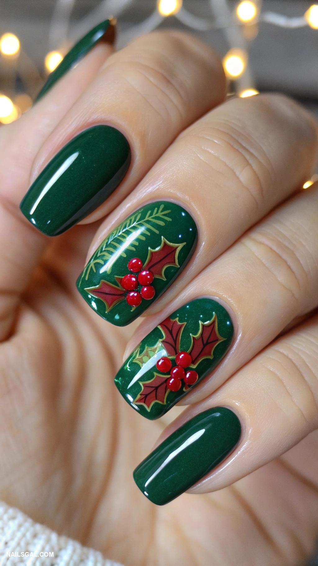 green christmas nails Classic green with red holly leaves