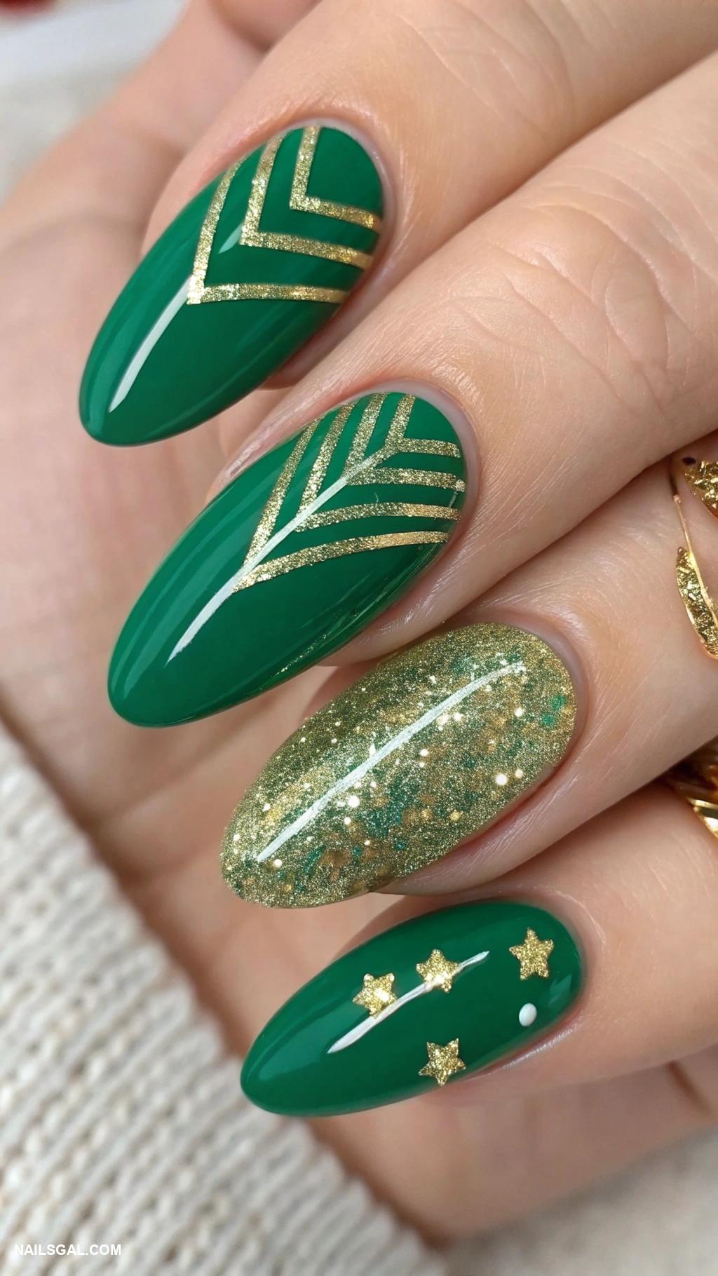 green christmas nails Emerald green with gold glitter accents