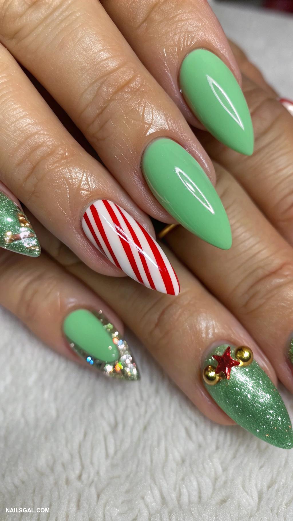 green christmas nails Festive green with candy cane stripes