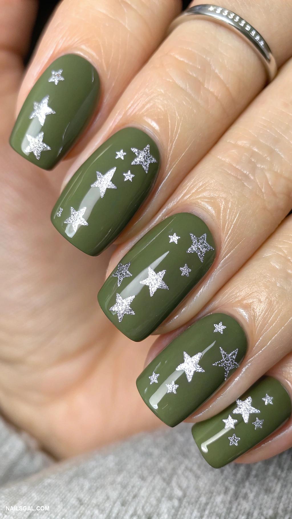 green christmas nails Glossy olive green with tiny star decals