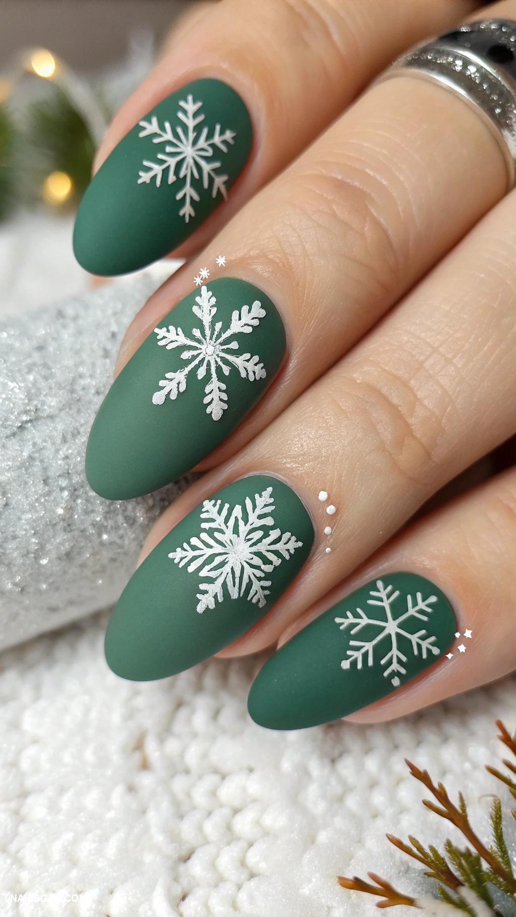 green christmas nails Matte forest green with white snowflakes