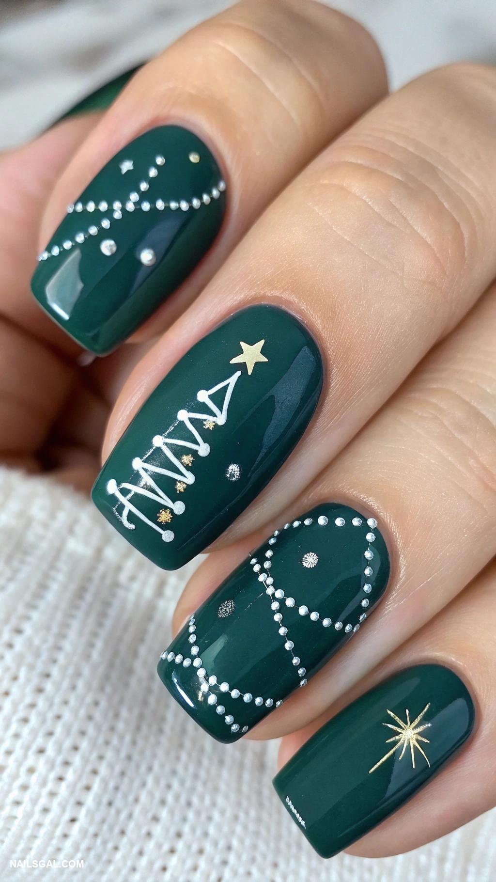 green christmas nails Navy green with minimalist white Christmas lights
