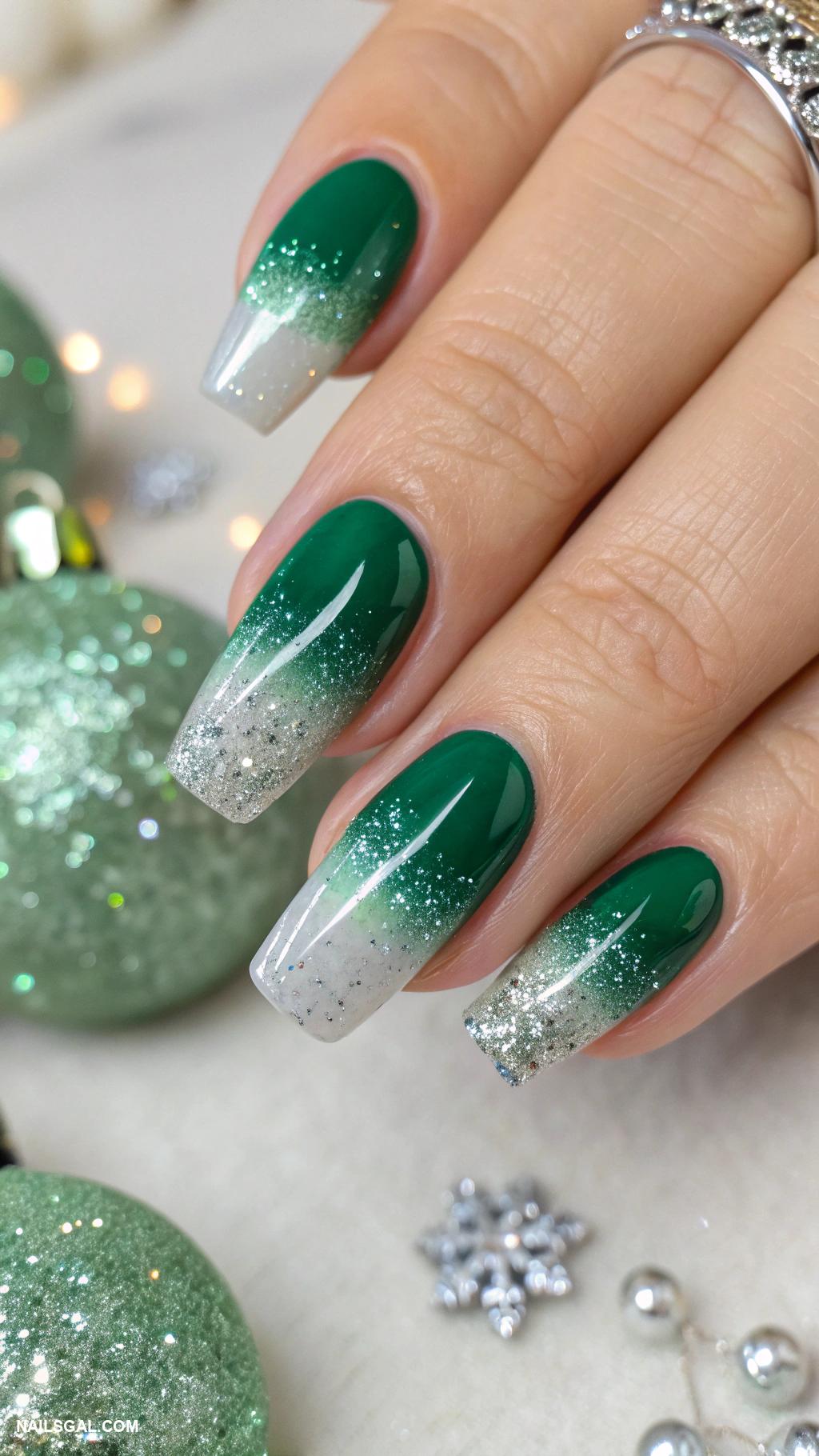green christmas nails Ombre green fading into silver tips