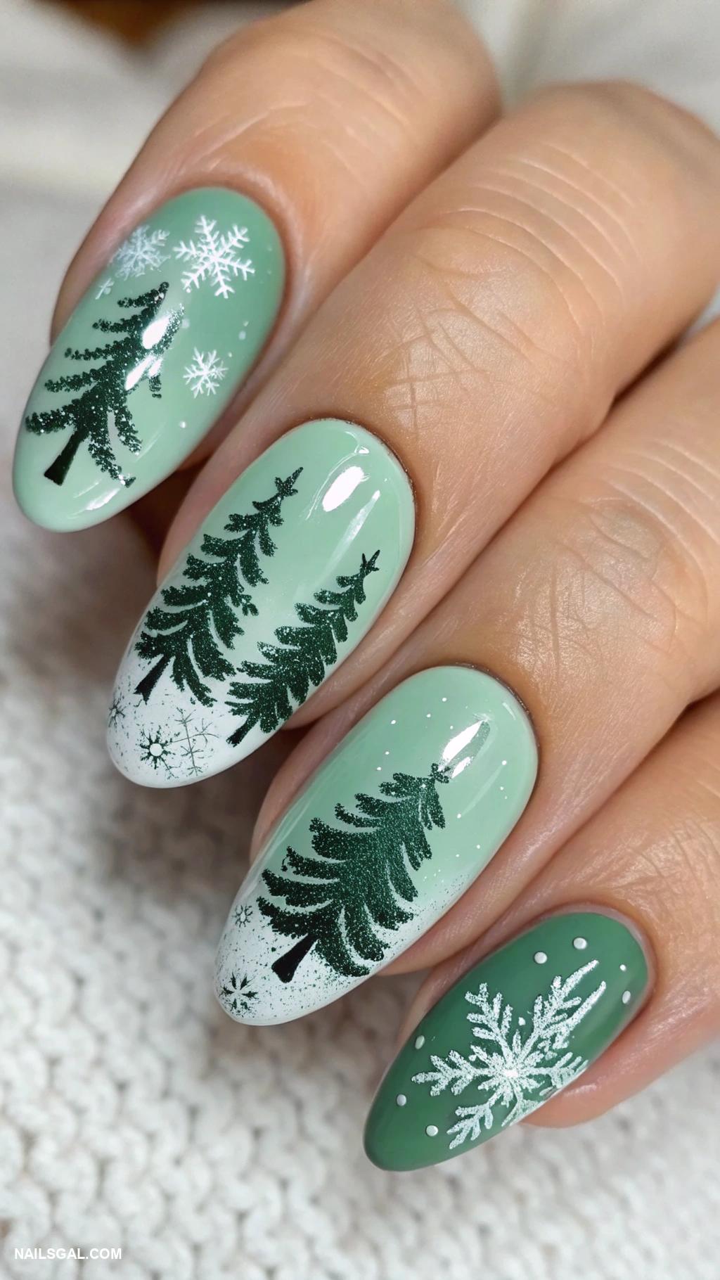 green christmas nails Pine tree designs on pastel green base
