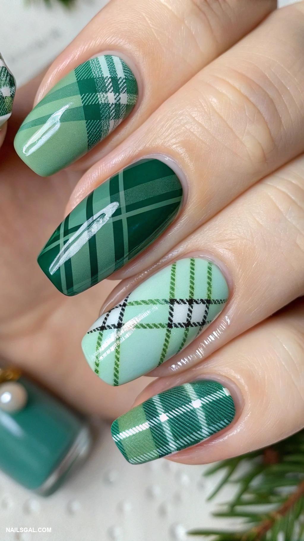 green christmas nails Plaid pattern in various shades of green
