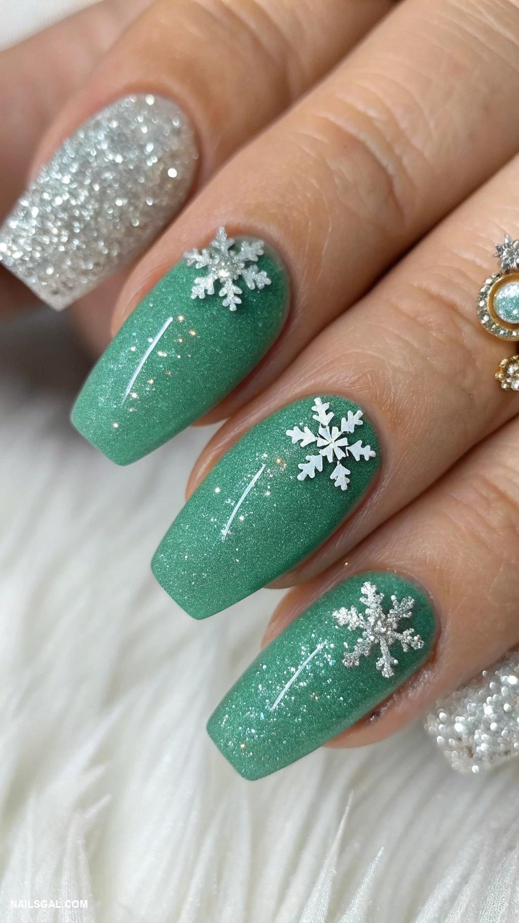 green christmas nails Sparkly jade green with rhinestone ornaments