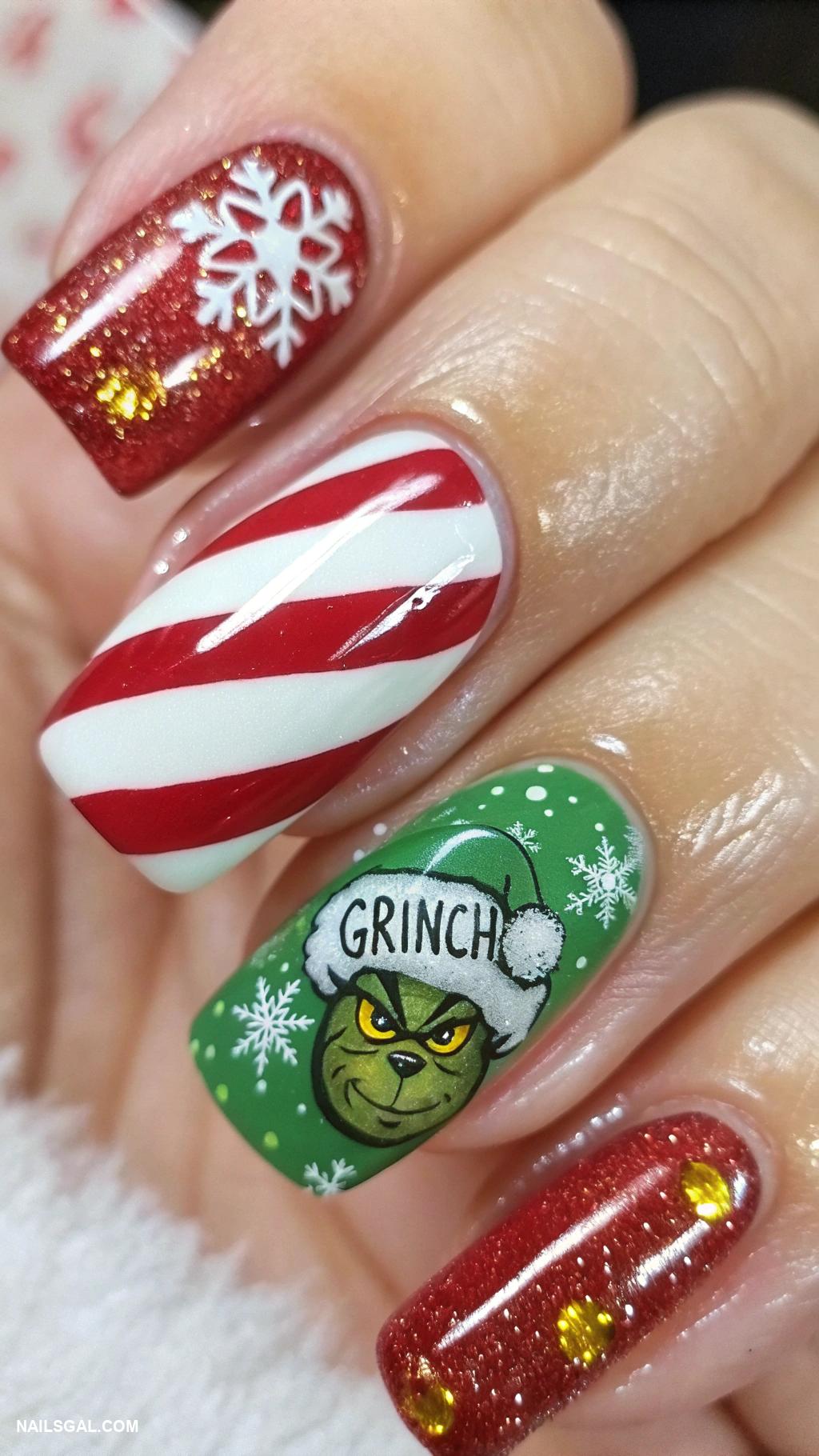 grinch nails Candy cane accent nails with Grinch touch